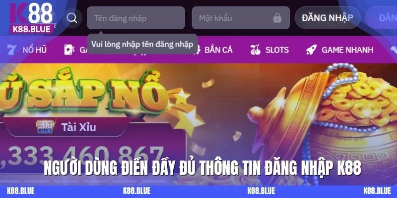 Người dùng điền đầy đủ thông tin đăng nhập K88